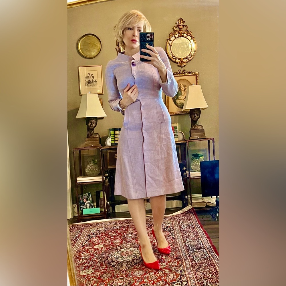 Carolina Herrera coat dress Sz 34 Xs Lavender With Crystals Vtg Raw Silk - Picture 4 of 12